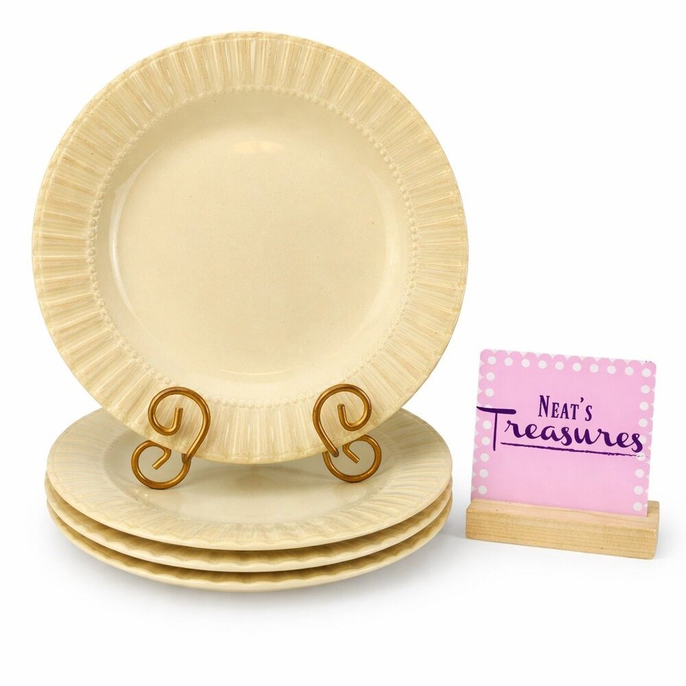 Bombay & Company Cream Stoneware Embossed Stripes Dots Rim Dinner Plates Set 4